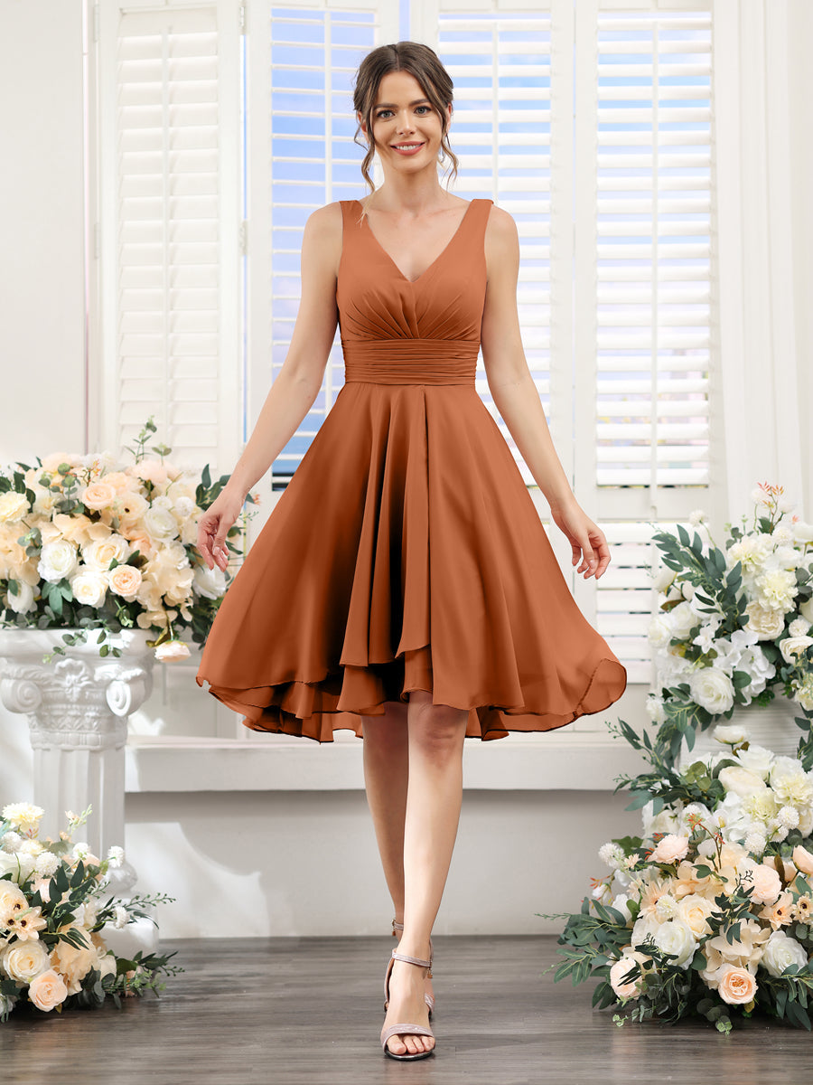 A-Line V-Neck Ruched Sleeveless Short Chiffon Bridesmaid Dresses