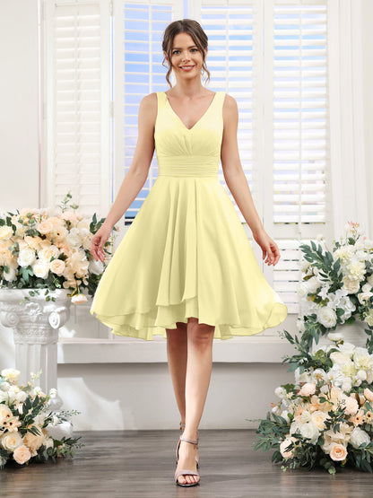 A-Line V-Neck Ruched Sleeveless Short Chiffon Bridesmaid Dresses