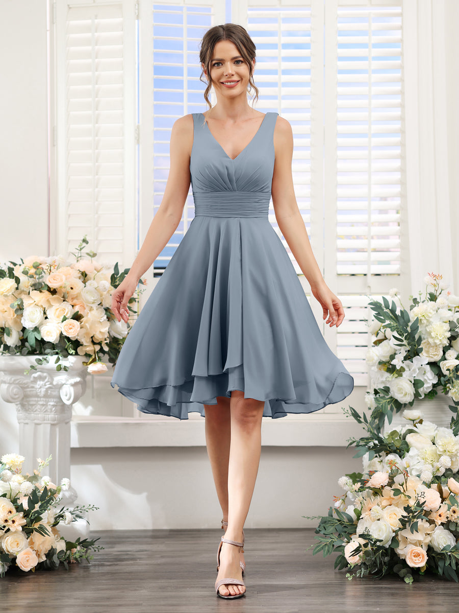 A-Line V-Neck Ruched Sleeveless Short Chiffon Bridesmaid Dresses