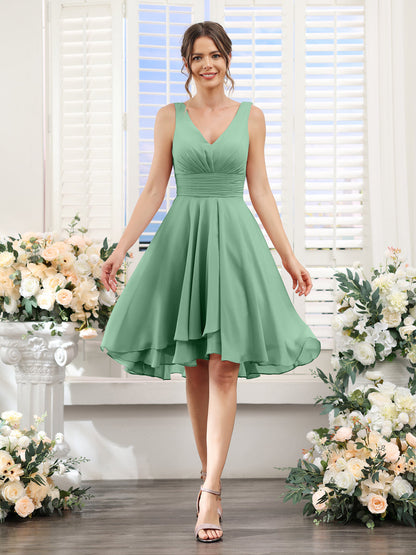 A-Line V-Neck Ruched Sleeveless Short Chiffon Bridesmaid Dresses