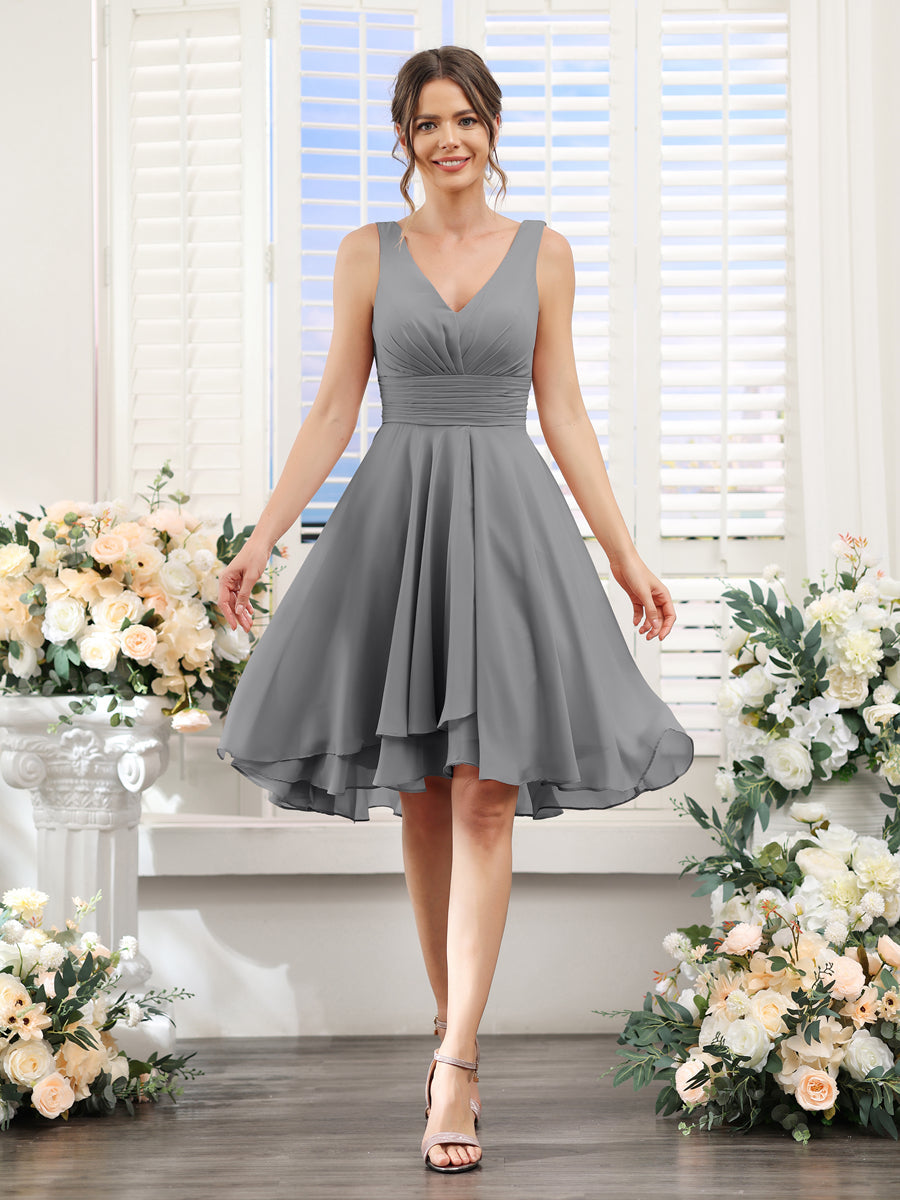 A-Line V-Neck Ruched Sleeveless Short Chiffon Bridesmaid Dresses