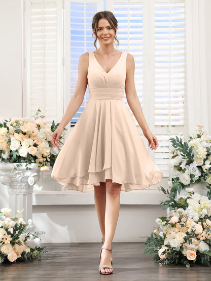 A-Line V-Neck Ruched Sleeveless Short Chiffon Bridesmaid Dresses