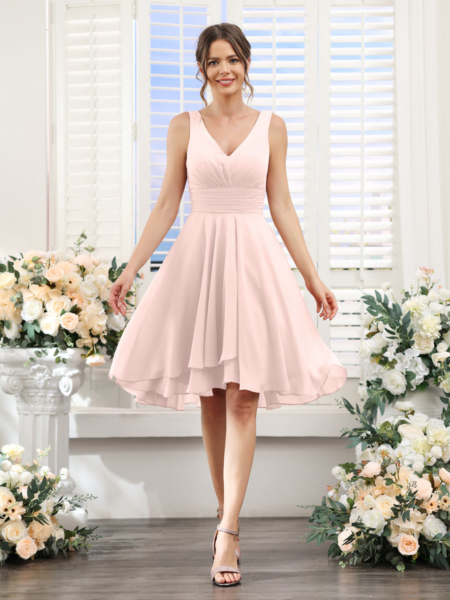 A-Line V-Neck Ruched Sleeveless Short Chiffon Bridesmaid Dresses