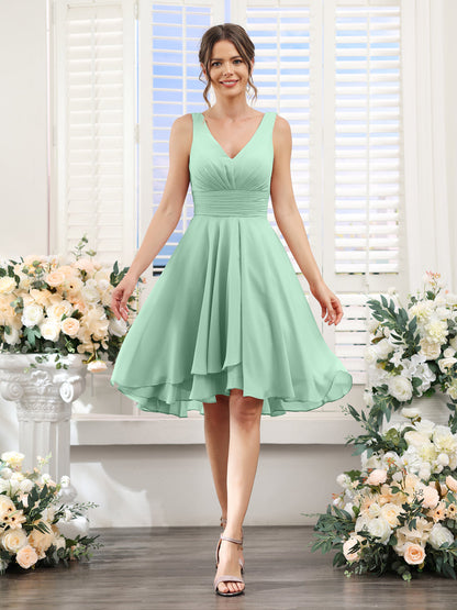 A-Line V-Neck Ruched Sleeveless Short Chiffon Bridesmaid Dresses