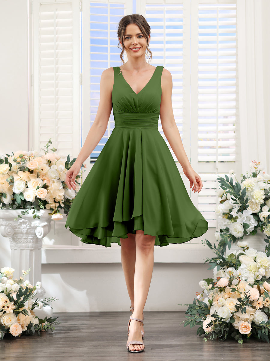 A-Line V-Neck Ruched Sleeveless Short Chiffon Bridesmaid Dresses