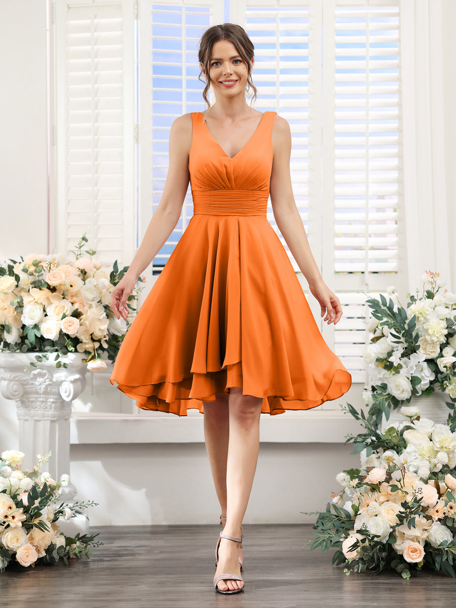 A-Line V-Neck Ruched Sleeveless Short Chiffon Bridesmaid Dresses