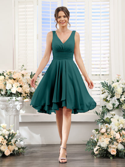 A-Line V-Neck Ruched Sleeveless Short Chiffon Bridesmaid Dresses