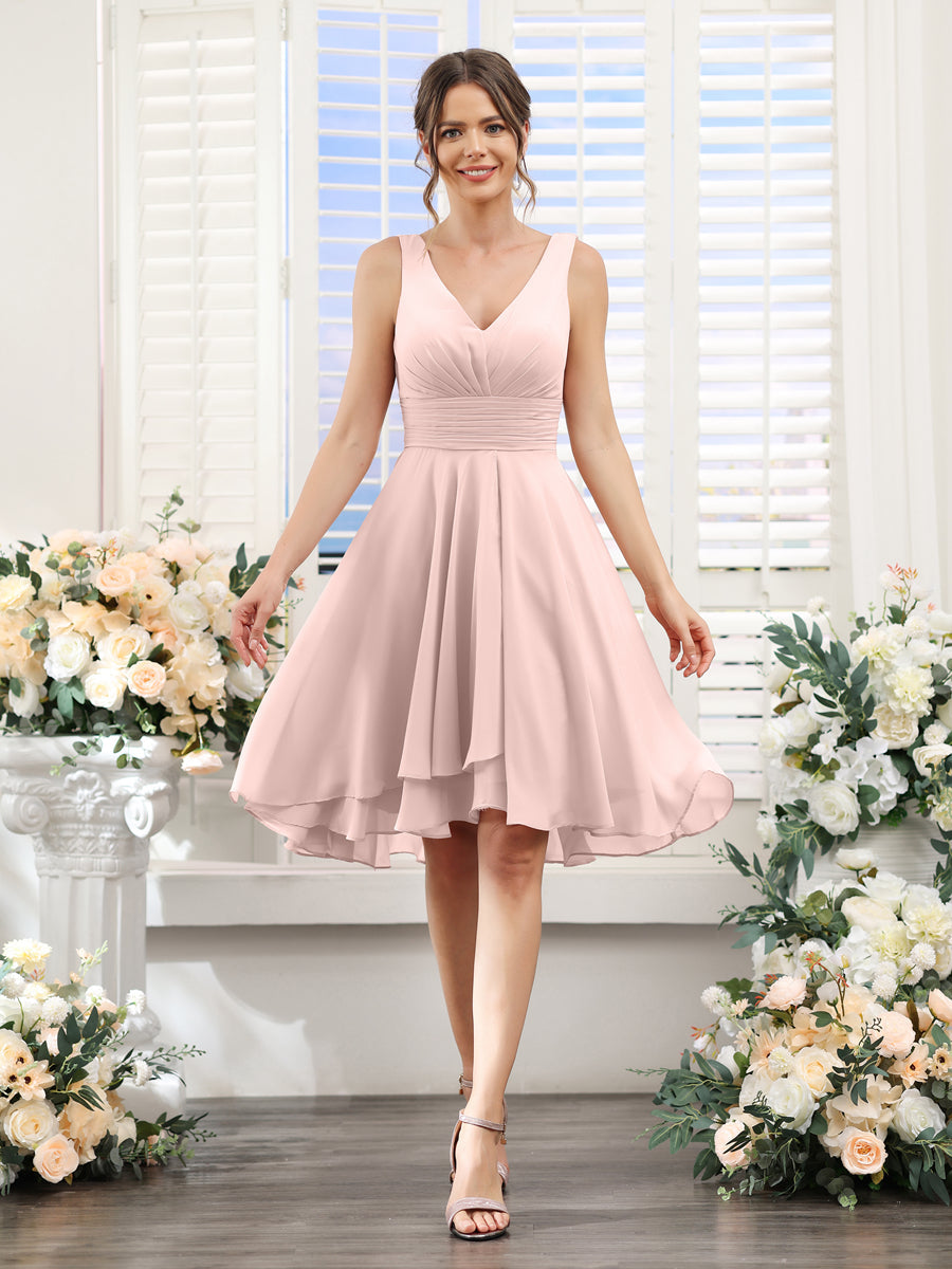 A-Line V-Neck Ruched Sleeveless Short Chiffon Bridesmaid Dresses