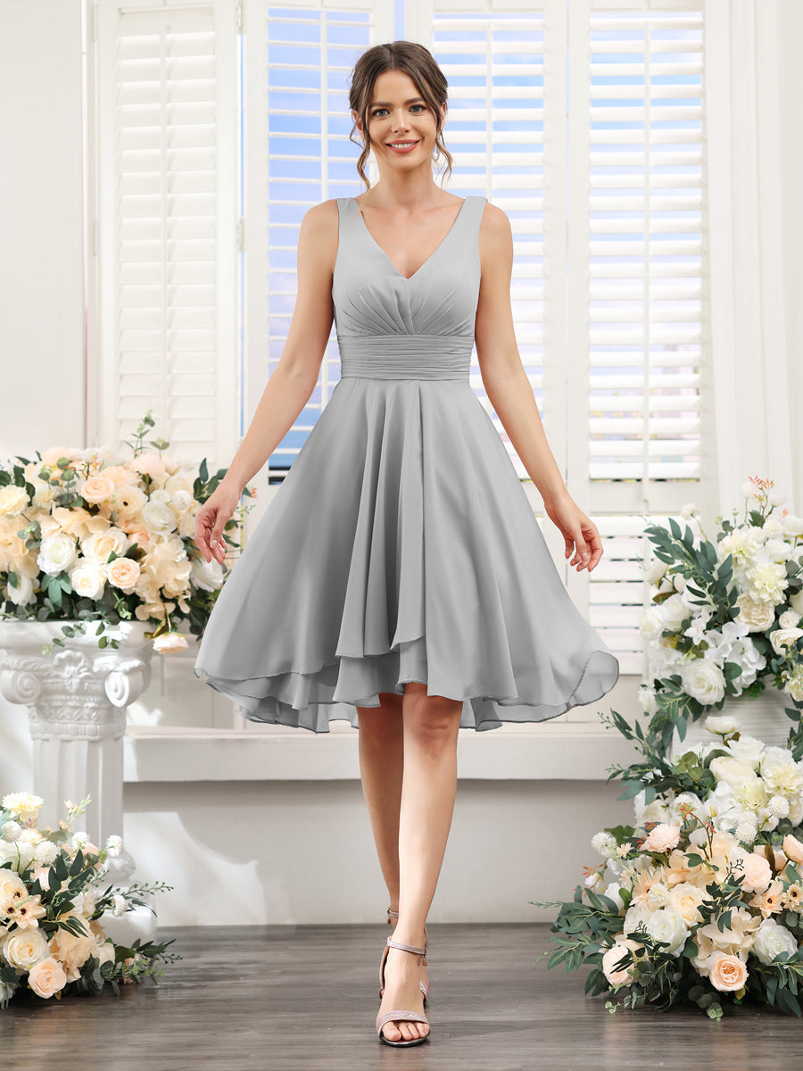 A-Line V-Neck Ruched Sleeveless Short Chiffon Bridesmaid Dresses