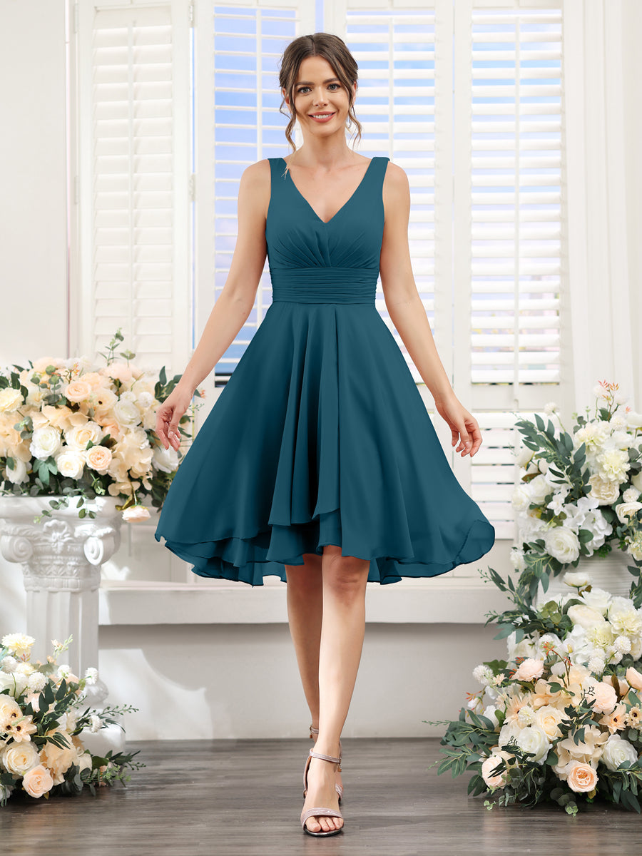 A-Line V-Neck Ruched Sleeveless Short Chiffon Bridesmaid Dresses