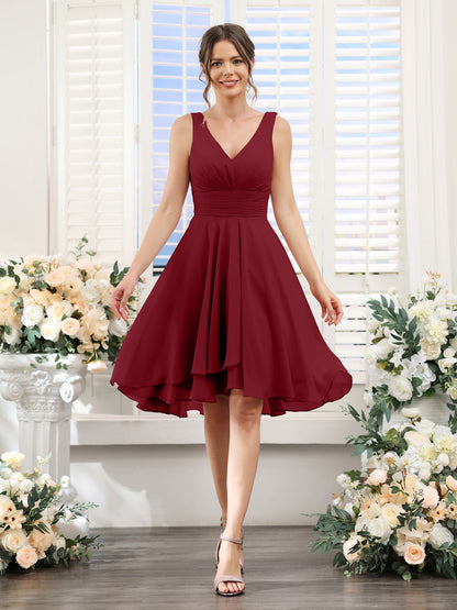 A-Line V-Neck Ruched Sleeveless Short Chiffon Bridesmaid Dresses