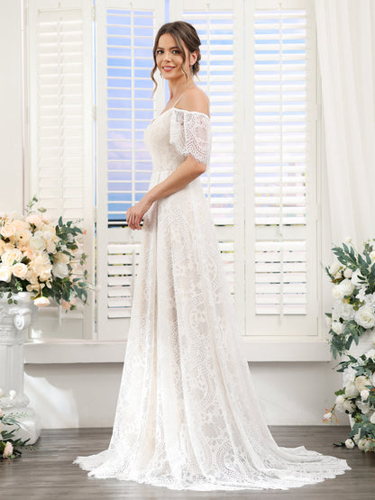 A-Line Spaghetti Straps Short Sleeves Long Lace Wedding Dresses