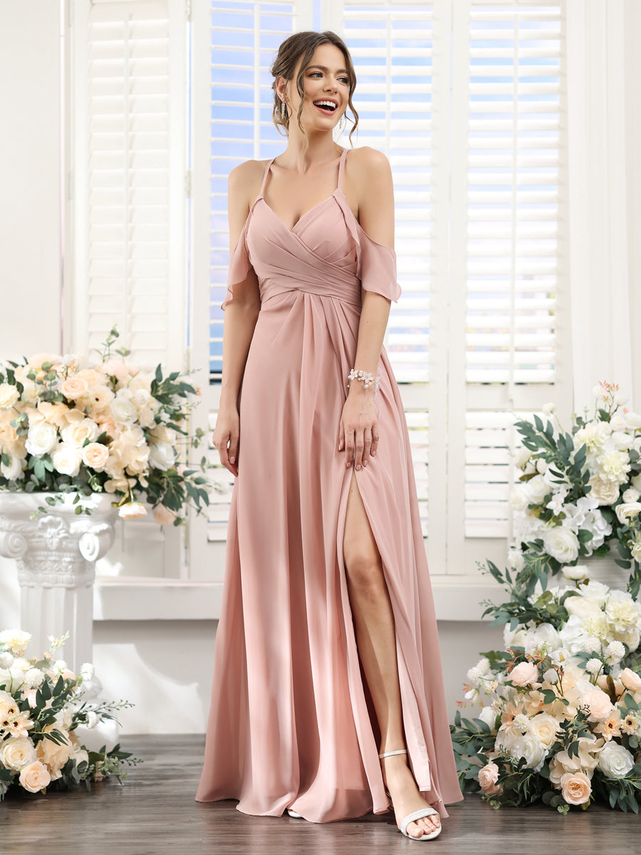 A-Line V-Neck Spaghetti Straps Split Side Floor-Length Chiffon Bridesmaid Dresses