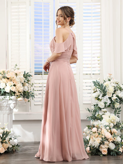 A-Line V-Neck Spaghetti Straps Split Side Floor-Length Chiffon Bridesmaid Dresses