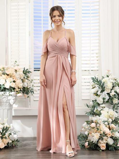 A-Line V-Neck Spaghetti Straps Split Side Floor-Length Chiffon Bridesmaid Dresses