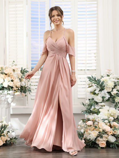 A-Line V-Neck Spaghetti Straps Split Side Floor-Length Chiffon Bridesmaid Dresses