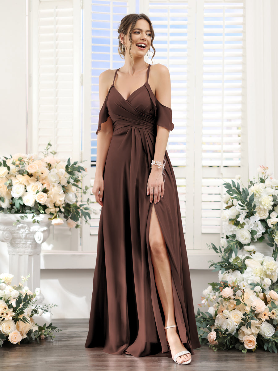 A-Line V-Neck Spaghetti Straps Split Side Floor-Length Chiffon Bridesmaid Dresses