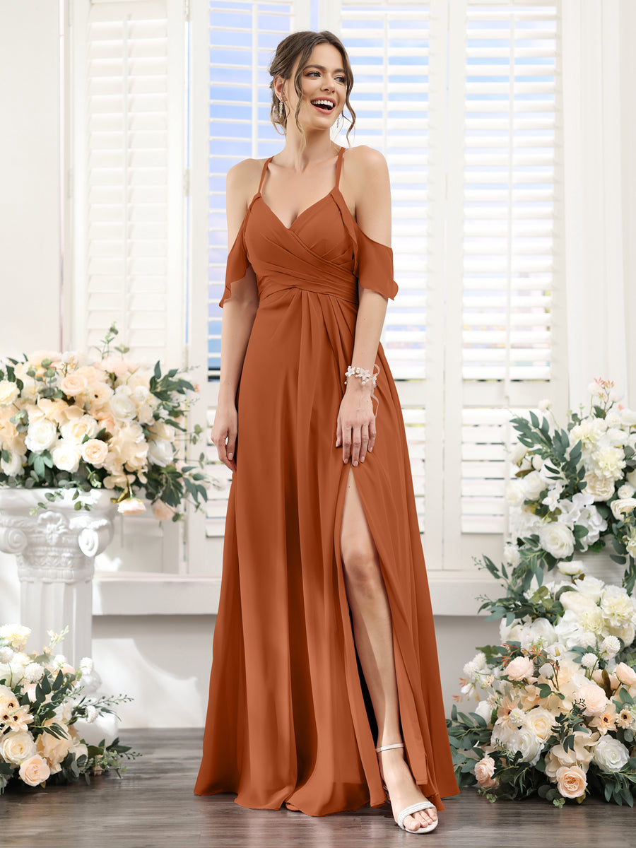 A-Line V-Neck Spaghetti Straps Split Side Floor-Length Chiffon Bridesmaid Dresses