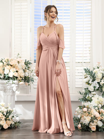 A-Line V-Neck Spaghetti Straps Split Side Floor-Length Chiffon Bridesmaid Dresses