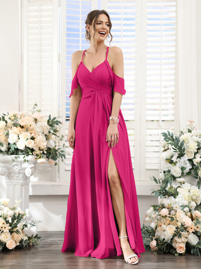 A-Line V-Neck Spaghetti Straps Split Side Floor-Length Chiffon Bridesmaid Dresses