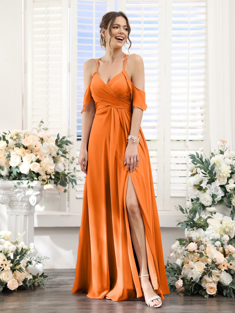 A-Line V-Neck Spaghetti Straps Split Side Floor-Length Chiffon Bridesmaid Dresses