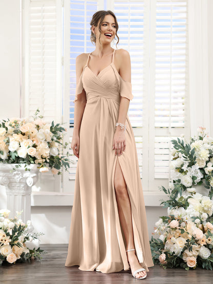 A-Line V-Neck Spaghetti Straps Split Side Floor-Length Chiffon Bridesmaid Dresses