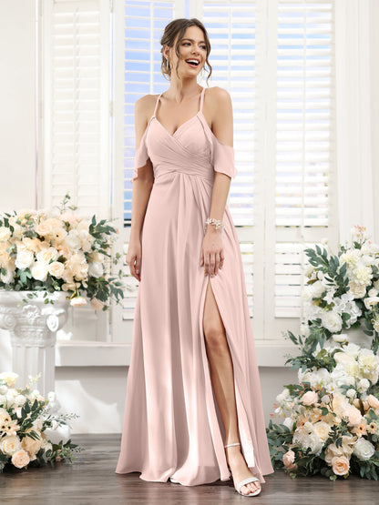 A-Line V-Neck Spaghetti Straps Split Side Floor-Length Chiffon Bridesmaid Dresses