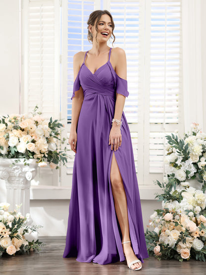 A-Line V-Neck Spaghetti Straps Split Side Floor-Length Chiffon Bridesmaid Dresses