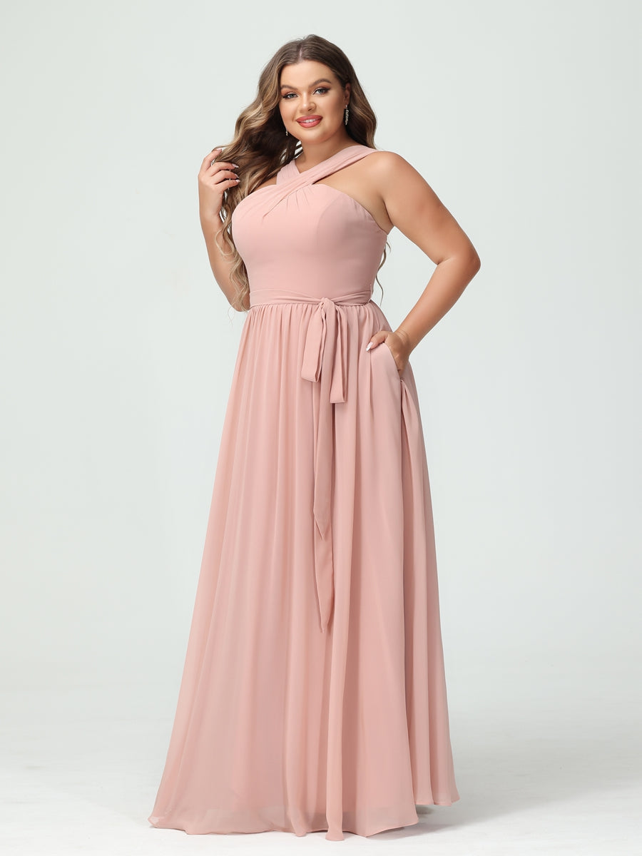 A-Line/Princess Criss Cross Sleeveless Chiffon Plus Size Bridesmaid Dresses with Sash