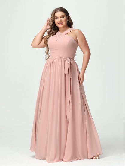 A-Line/Princess Criss Cross Sleeveless Chiffon Plus Size Bridesmaid Dresses with Sash