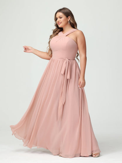 A-Line/Princess Criss Cross Sleeveless Chiffon Plus Size Bridesmaid Dresses with Sash