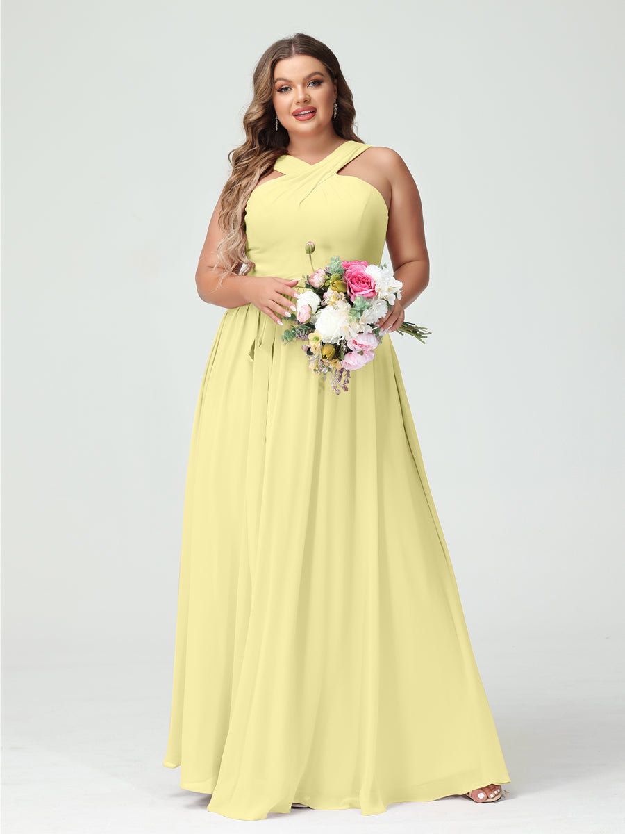 A-Line/Princess Criss Cross Sleeveless Chiffon Plus Size Bridesmaid Dresses with Sash