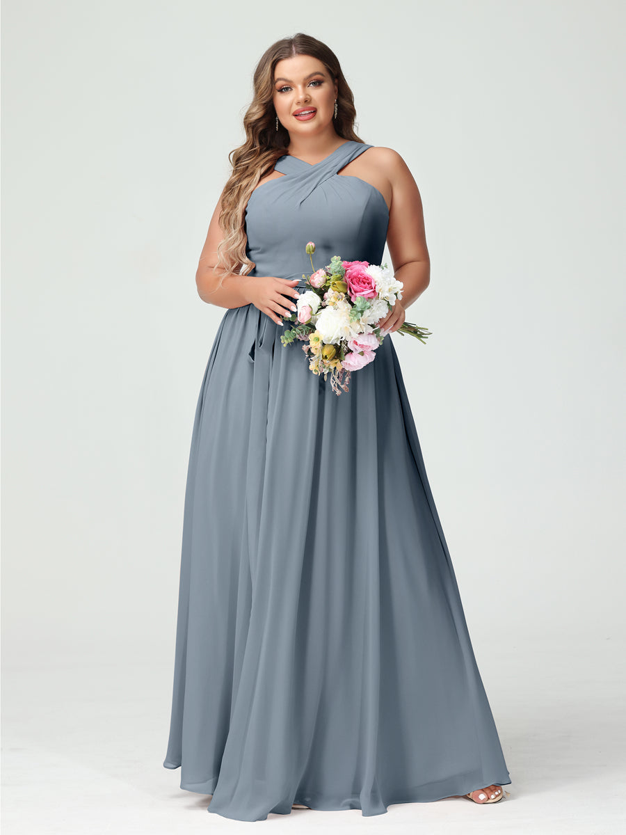 A-Line/Princess Criss Cross Sleeveless Chiffon Plus Size Bridesmaid Dresses with Sash