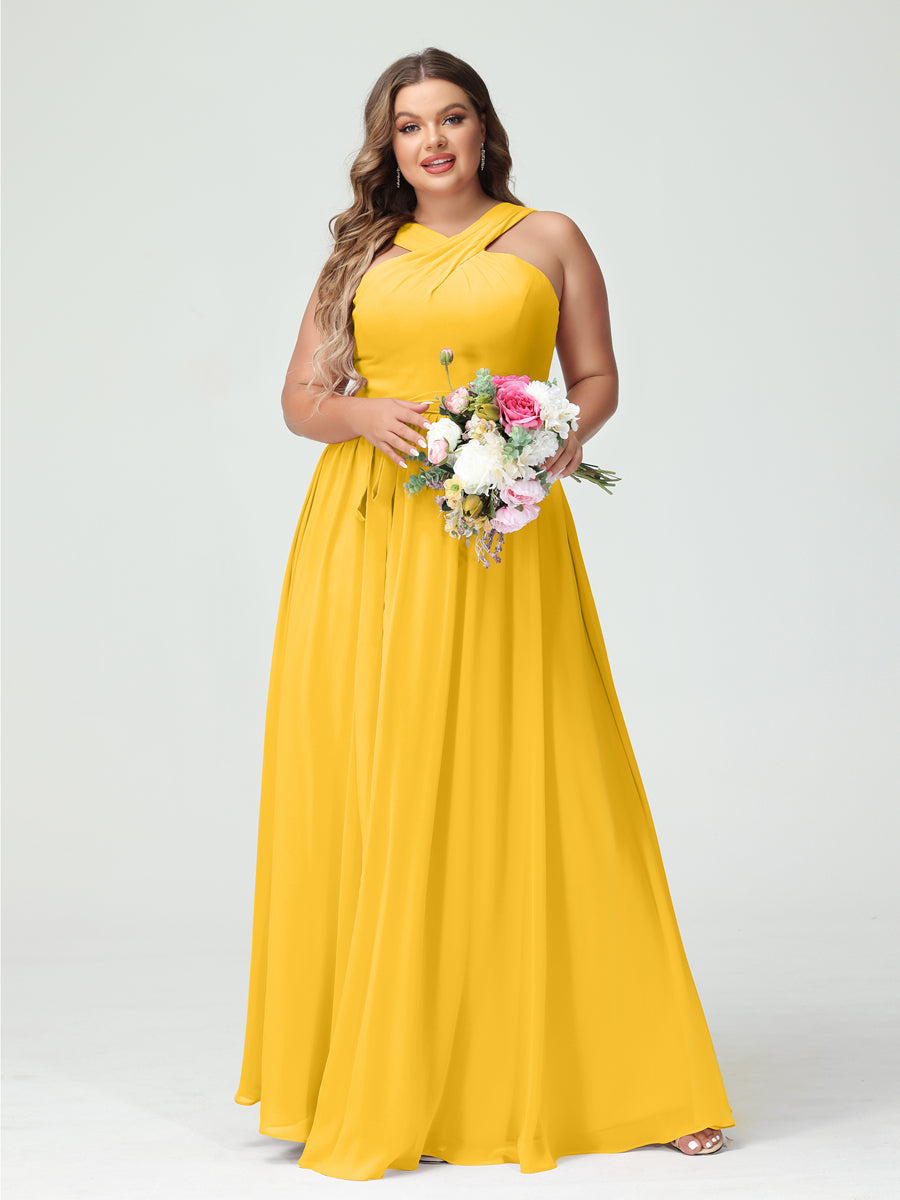 A-Line/Princess Criss Cross Sleeveless Chiffon Plus Size Bridesmaid Dresses with Sash