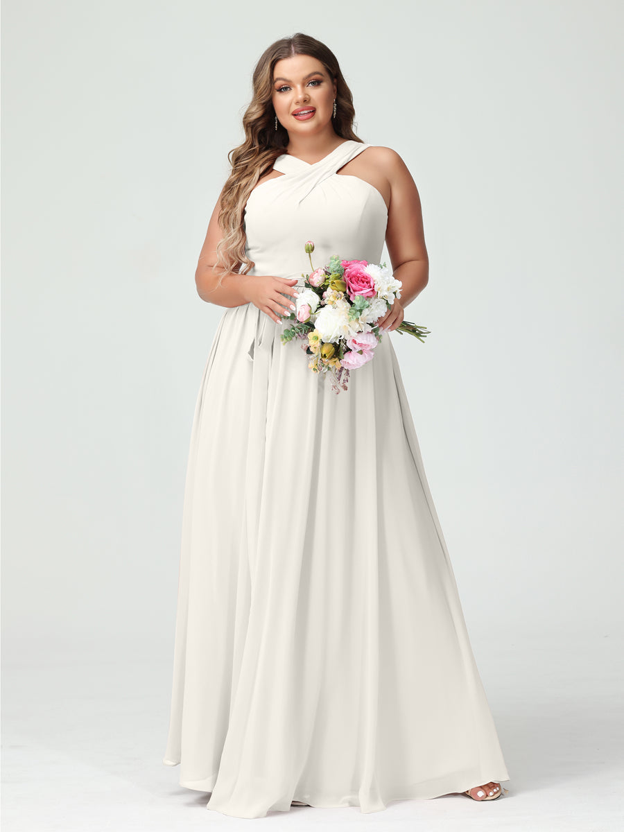 A-Line/Princess Criss Cross Sleeveless Chiffon Plus Size Bridesmaid Dresses with Sash