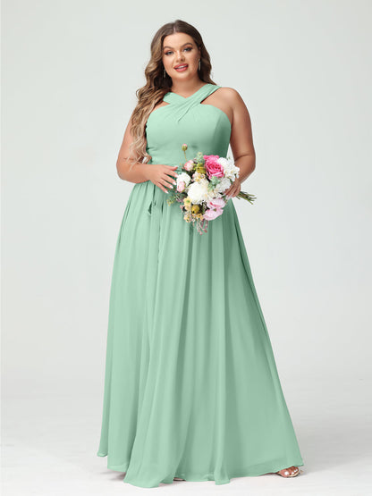 A-Line/Princess Criss Cross Sleeveless Chiffon Plus Size Bridesmaid Dresses with Sash