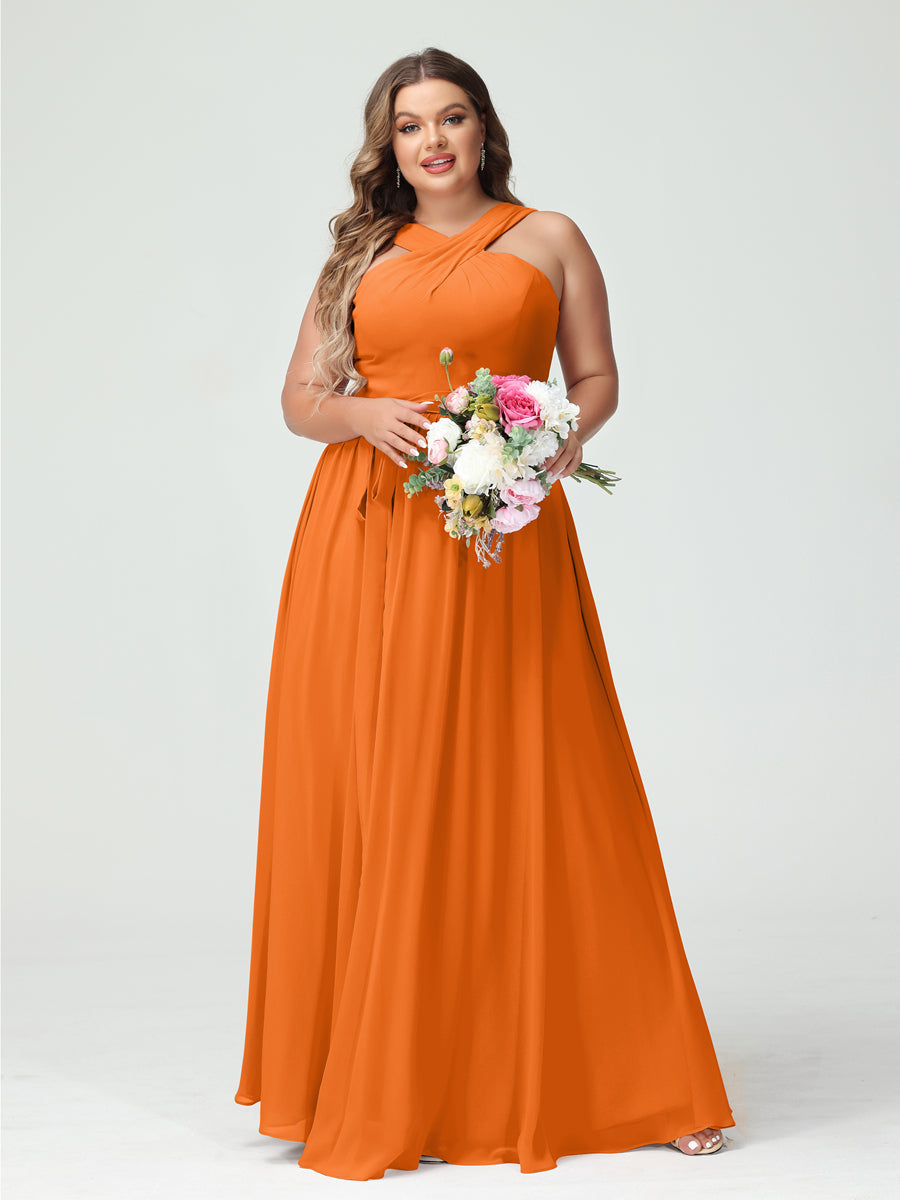 A-Line/Princess Criss Cross Sleeveless Chiffon Plus Size Bridesmaid Dresses with Sash