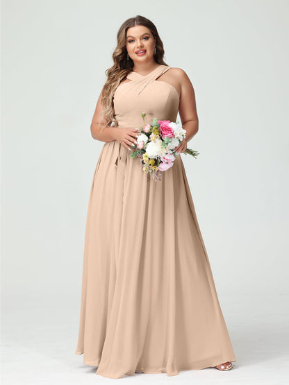 A-Line/Princess Criss Cross Sleeveless Chiffon Plus Size Bridesmaid Dresses with Sash