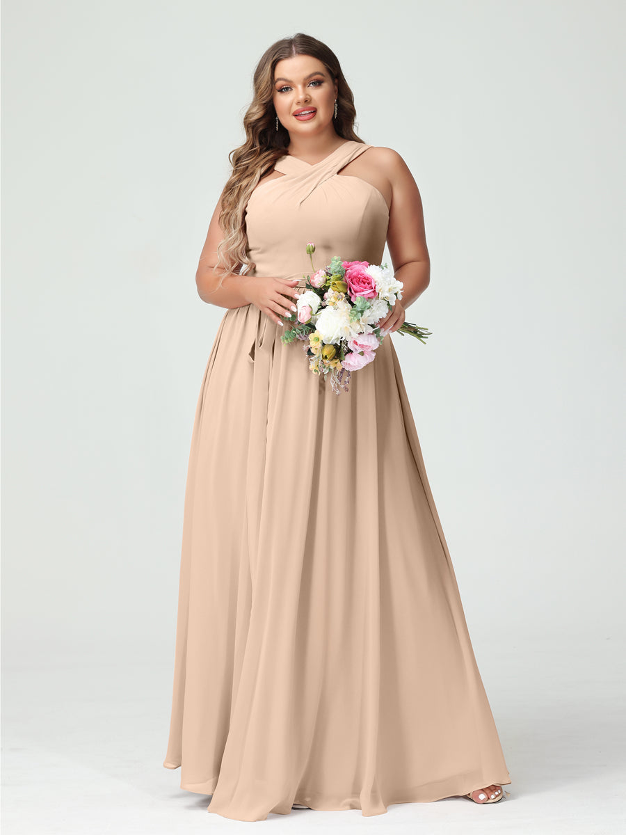 A-Line/Princess Criss Cross Sleeveless Chiffon Plus Size Bridesmaid Dresses with Sash