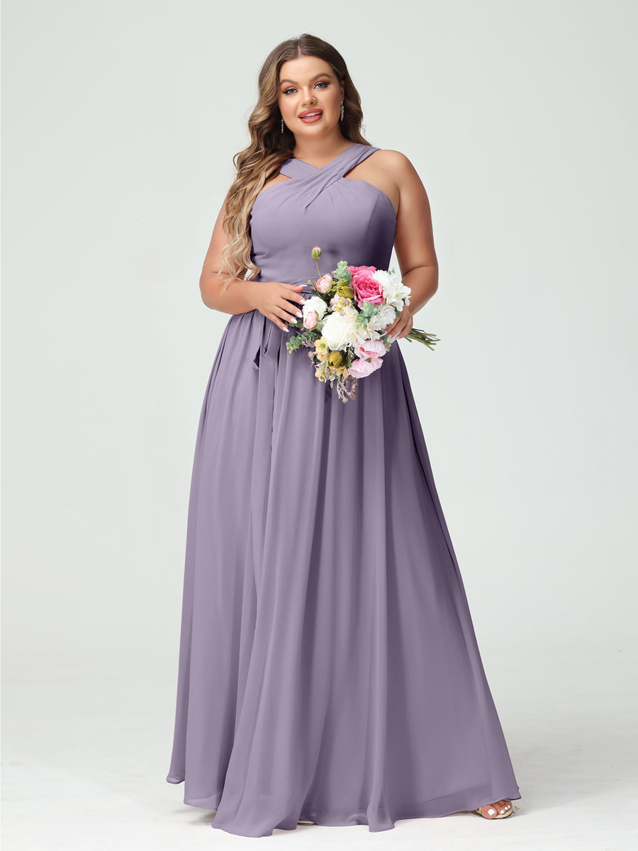 A-Line/Princess Criss Cross Sleeveless Chiffon Plus Size Bridesmaid Dresses with Sash