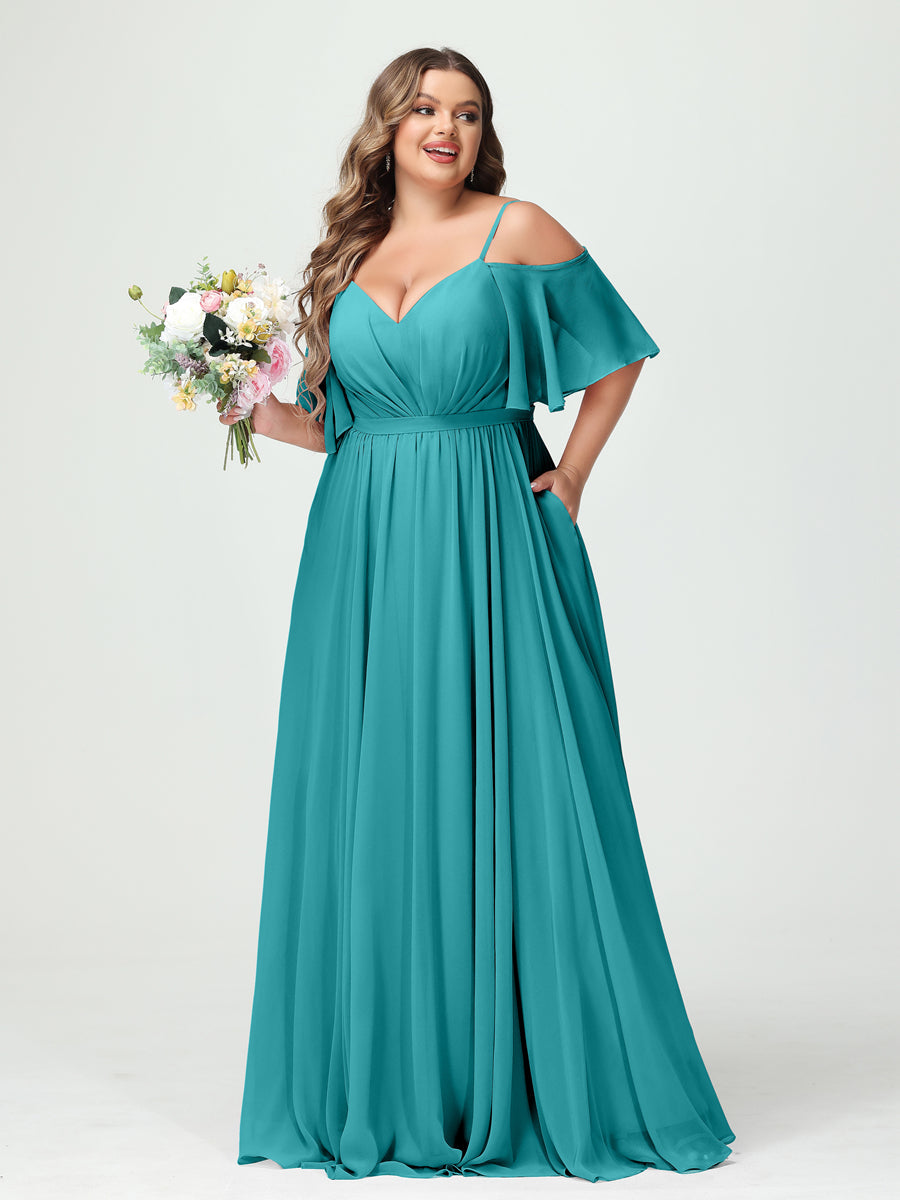 A-Line/Princess Spaghetti Straps Half Sleeves Chiffon Plus Size Bridesmaid Dresses with Pockets