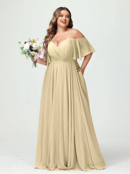 A-Line/Princess Spaghetti Straps Half Sleeves Chiffon Plus Size Bridesmaid Dresses with Pockets