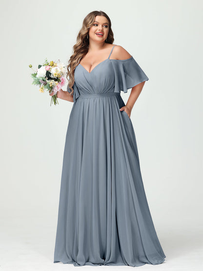 A-Line/Princess Spaghetti Straps Half Sleeves Chiffon Plus Size Bridesmaid Dresses with Pockets