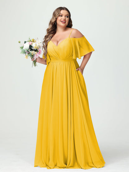 A-Line/Princess Spaghetti Straps Half Sleeves Chiffon Plus Size Bridesmaid Dresses with Pockets