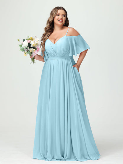 A-Line/Princess Spaghetti Straps Half Sleeves Chiffon Plus Size Bridesmaid Dresses with Pockets