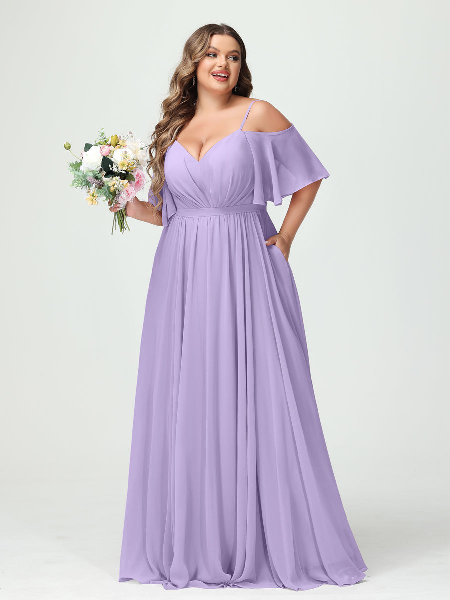 A-Line/Princess Spaghetti Straps Half Sleeves Chiffon Plus Size Bridesmaid Dresses with Pockets