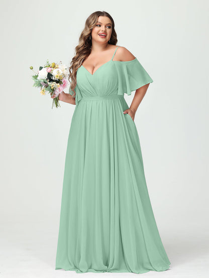 A-Line/Princess Spaghetti Straps Half Sleeves Chiffon Plus Size Bridesmaid Dresses with Pockets