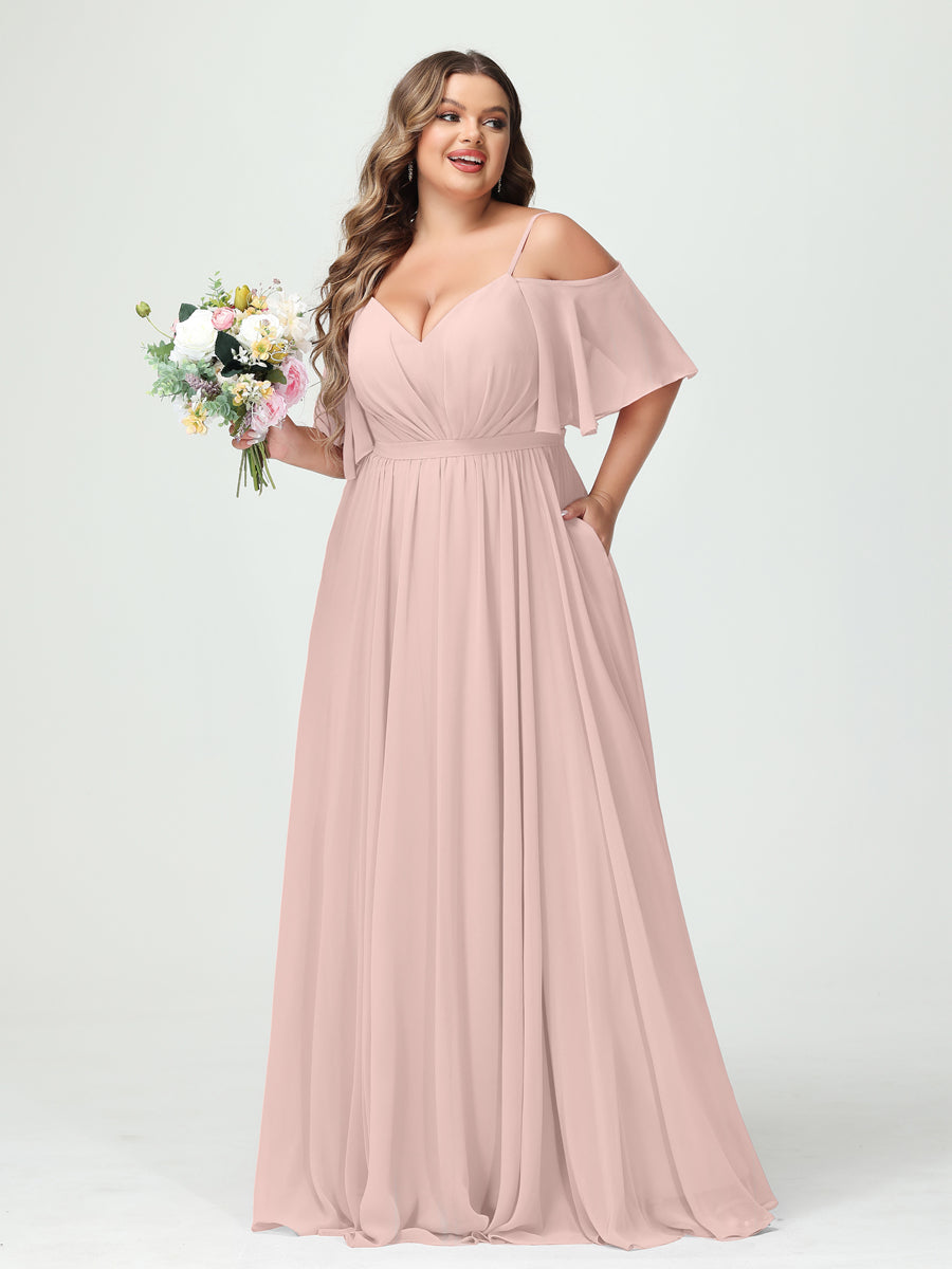 A-Line/Princess Spaghetti Straps Half Sleeves Chiffon Plus Size Bridesmaid Dresses with Pockets