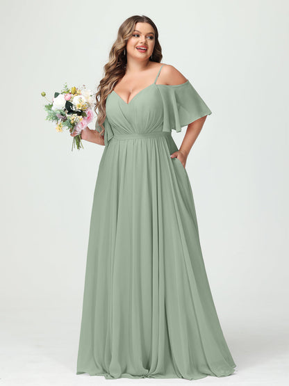 A-Line/Princess Spaghetti Straps Half Sleeves Chiffon Plus Size Bridesmaid Dresses with Pockets