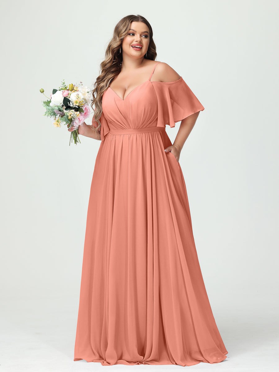 A-Line/Princess Spaghetti Straps Half Sleeves Chiffon Plus Size Bridesmaid Dresses with Pockets